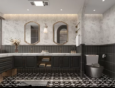 Modern Bathroom Interior With Double Mirrors Black Cabinets Floral Wallpaper And Black White Floor Tiles 3d model