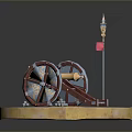 Antique Cannon Weapon Model With Red Blue Wheels Red Flag And Cannonballs On Circular Base