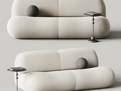 Modern Cream Double Sofa With Black Spherical Pillow And Metal Side Table 3d model
