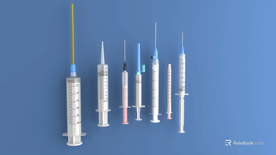 Various Medical Devices Featuring Different Syringe Types Displayed on Blue Background 3d model 