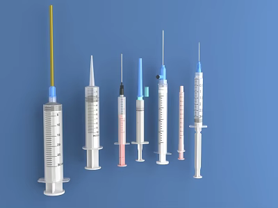 Various Medical Devices Featuring Different Syringe Types Displayed on Blue Background 3d model