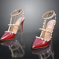Red High Heels With Stud Decorations Pointed Toe Smooth Patent Leather Stiletto Heel