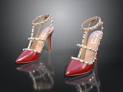Red High Heels With Stud Decorations Pointed Toe Smooth Patent Leather Stiletto Heel 3d model