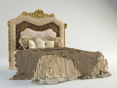 Luxurious Double Bed With Gold Carved Headboard Plush Pillows And Beige Brown Bedding 3d model