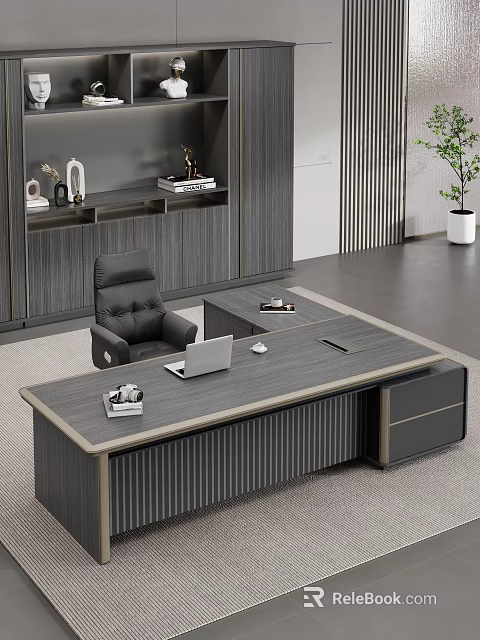 Modern Executive Office Desk With Laptop Black Leather Chair Bookshelf Potted Plant And Storage Drawers 3d model 
