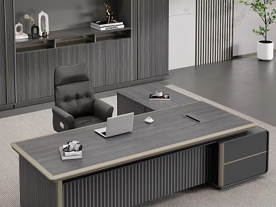 Modern Executive Office Desk With Laptop Black Leather Chair Bookshelf Potted Plant And Storage Drawers 3d model