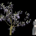 Blooming Tree With Purple White Flowers And Standing White Statue Figure