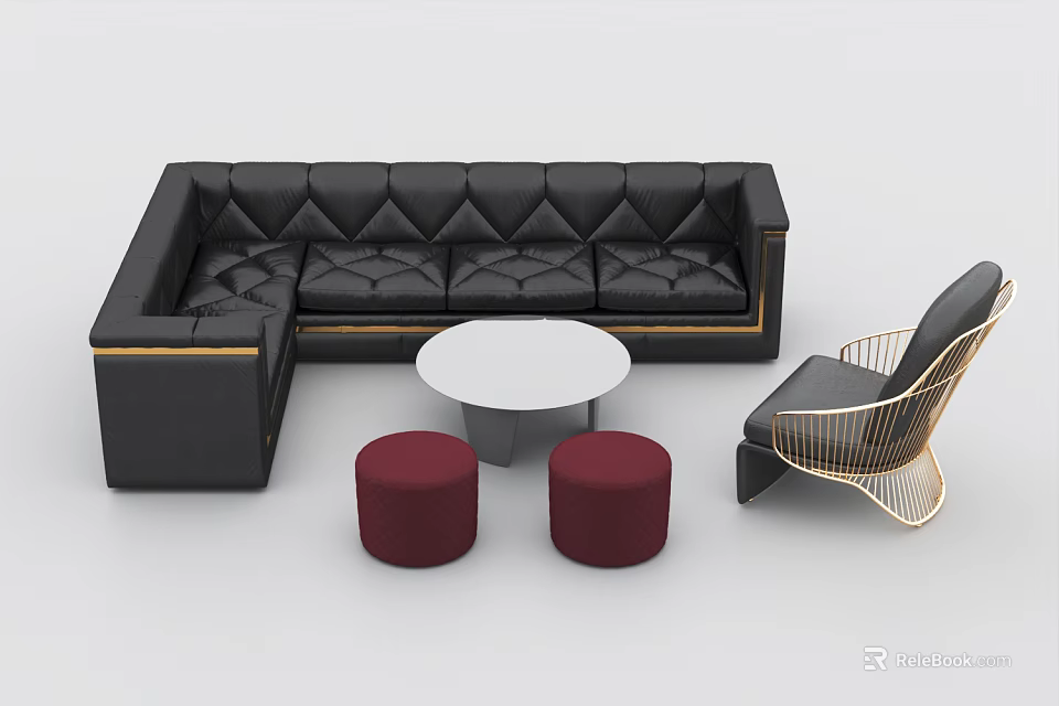 Modern L shaped Black Tufted Sofa And White Round Coffee Table Set With Red Ottomans 3d model