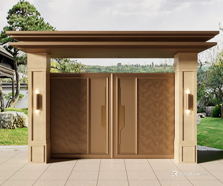 Elegant Textured Double Door Entrance Gate With Stone Pillars Side Lights And Greenery 3d model 