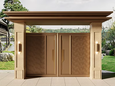 Elegant Textured Double Door Entrance Gate With Stone Pillars Side Lights And Greenery 3d model