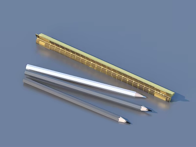 Everyday Stationery Items Including Gold Stapler And Three Pencils With Black Tips 3d model