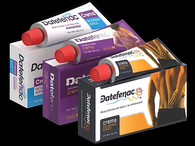 Daterfenac Cream Tubes And Boxes In White Purple Orange For Daily Living Use 3d model