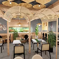 Cozy Restaurant Interior With Wooden Ceiling Round Pendant Lights Green Plants And Tables Chairs