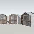 Modern Commercial Complex With Glass Facades Unique Gabled Roofs And Green Lawn