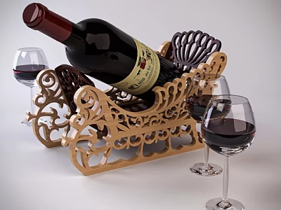 Wine Bottle with Red Wine Glasses on Ornate Wooden Rack with Intricate Carvings 3d model