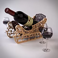 Wine Bottle with Red Wine Glasses on Ornate Wooden Rack with Intricate Carvings