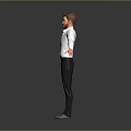 Man With Arms Outstretched Wearing White Shirt Black Pants Gray Shoes Against Gray Background