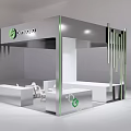 Modern Bango Exhibition Booth With White Green Design Geometric Vertical Stripes And Tables Chairs
