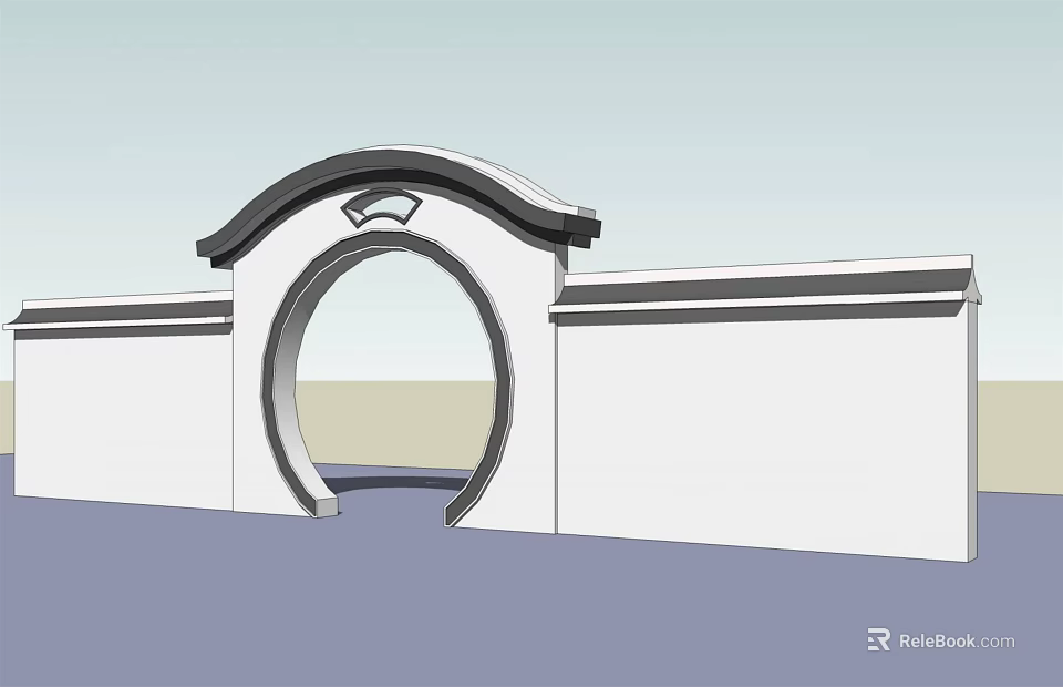Chinese Style Entrance Gate With Circular Arch And White Wall Architecture 3d model 