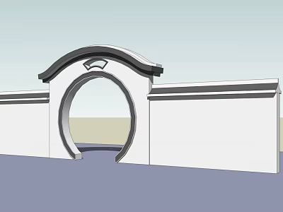 Chinese Style Entrance Gate With Circular Arch And White Wall Architecture 3d model