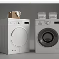 Two White Front Loading Washing Machines With Wooden Box Cloth And Transparent Containers On Top