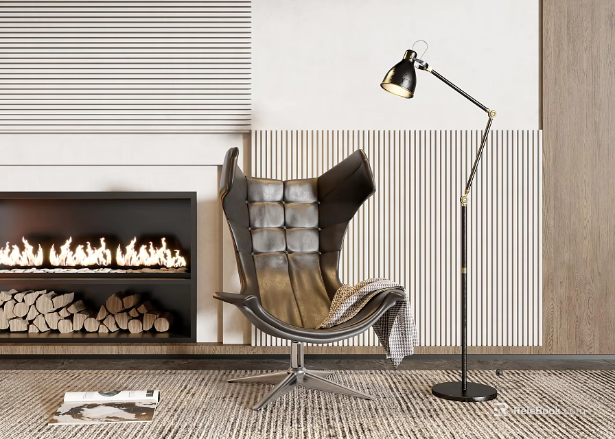 Modern Leisure Chair By Fireplace With Flames Firewood Floor Lamp Striped Wall And Rug 3d model 