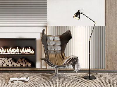 Modern Leisure Chair By Fireplace With Flames Firewood Floor Lamp Striped Wall And Rug 3d model