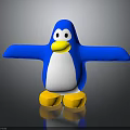 Blue Penguin Toy With Yellow Beak Feet White Belly And Outstretched Arms On Gray Background