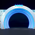 Futuristic Illuminated Blue Archway for Biotech Exhibition with Molecular Structures and Robotic Arm