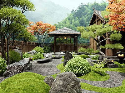 Traditional Chinese Courtyard Garden with Rock Features Stone Pathways Wooden Pavilion and Lush Greenery 3d model