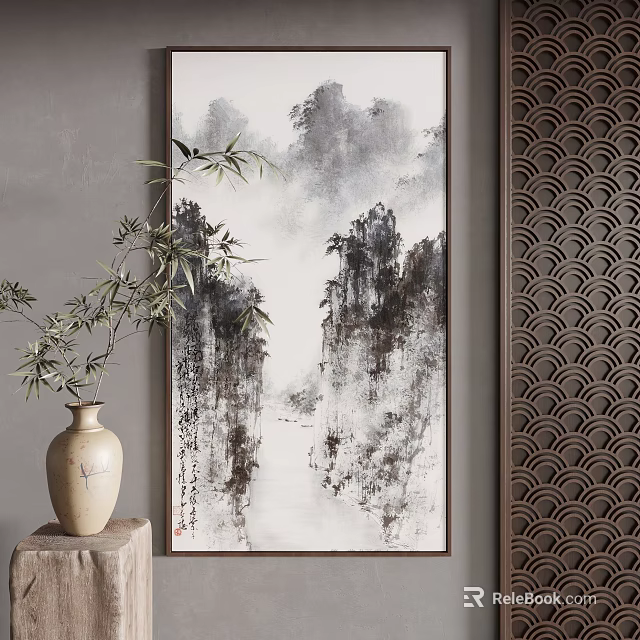Chinese Style Landscape Painting In Interior With Vase Bamboo Plants 3d model 