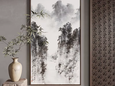 Chinese Style Landscape Painting In Interior With Vase Bamboo Plants 3d model