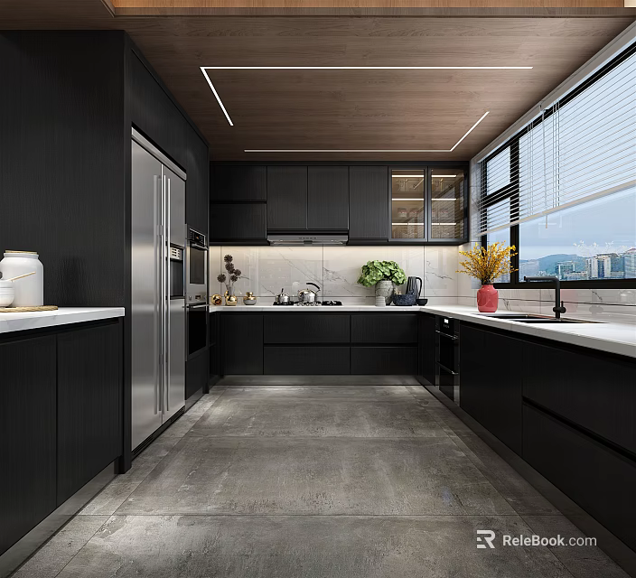 Modern Kitchen Interior With Black Cabinets Stainless Steel Appliances Gray Flooring And Large Windows 3d model 
