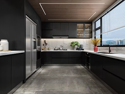 Modern Kitchen Interior With Black Cabinets Stainless Steel Appliances Gray Flooring And Large Windows 3d model