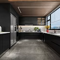 Modern Kitchen Interior With Black Cabinets Stainless Steel Appliances Gray Flooring And Large Windows