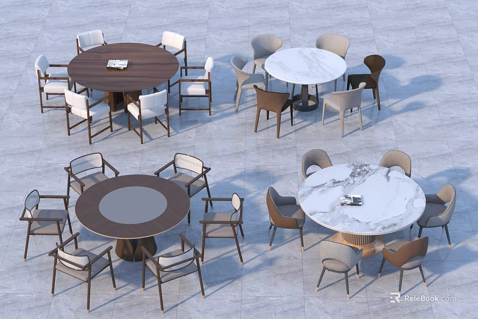 Modern Round Dining Tables With Wooden And Marble Tops And Matching Chairs 3d model 