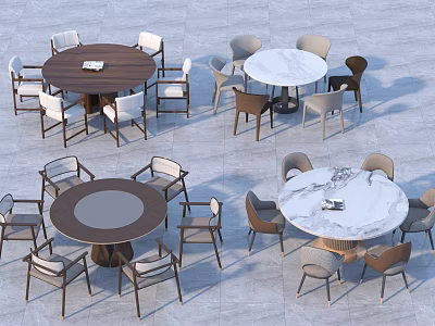 Modern Round Dining Tables With Wooden And Marble Tops And Matching Chairs 3d model