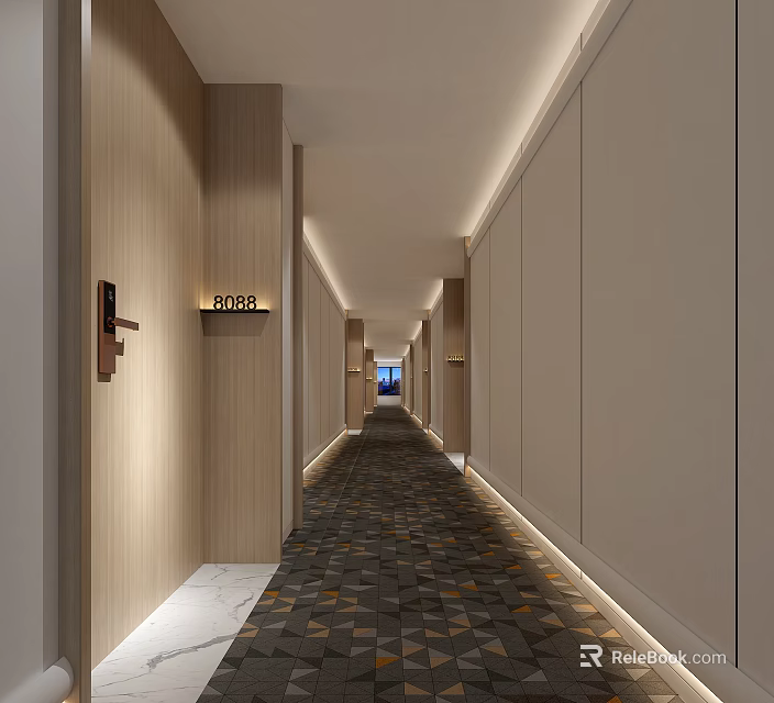 Modern Hotel Corridor With Neutral Walls Patterned Carpet Lighting And Room Sign 3d model 