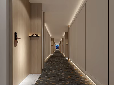 Modern Hotel Corridor With Neutral Walls Patterned Carpet Lighting And Room Sign 3d model