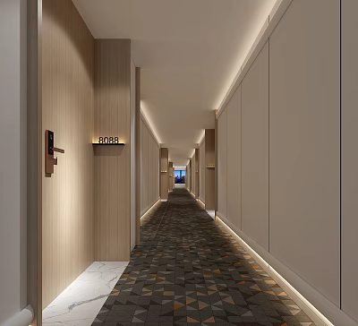 Modern Hotel Corridor With Neutral Walls Patterned Carpet Lighting And Room Sign 3d model
