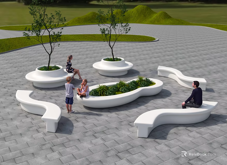 Curved White Landscape Seats in Outdoor Paved Area with People Relaxing and Green Plants 3d model 