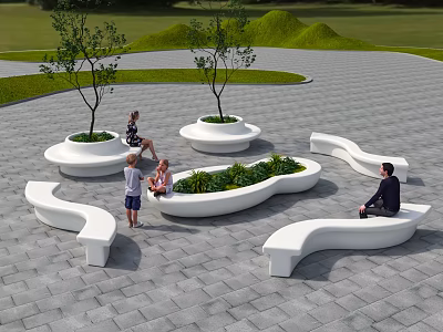 Curved White Landscape Seats in Outdoor Paved Area with People Relaxing and Green Plants 3d model