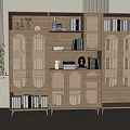 Modern Beige Bookcase With Wicker Doors Multiple Shelves Books And Decorative Items Beside Green Plant