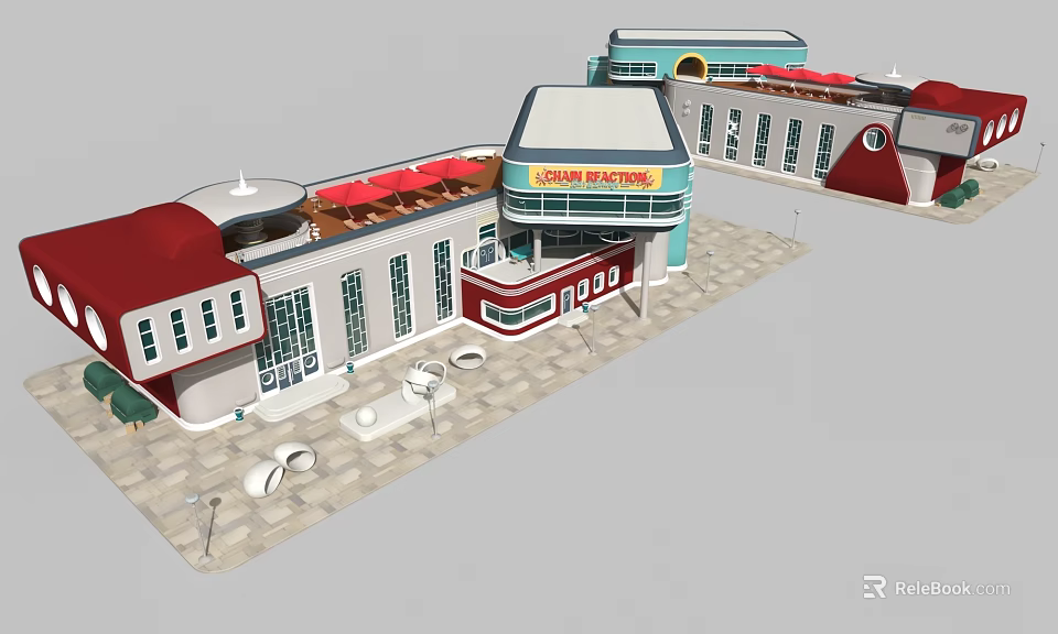 Modern Commercial Building Exterior Design With Red Roof White Walls Dine In Area And Outdoor Seating 3d model 