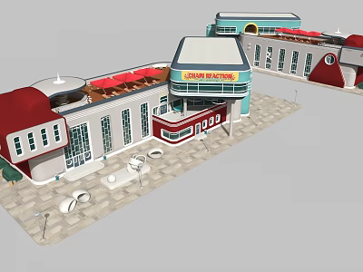 Modern Commercial Building Exterior Design With Red Roof White Walls Dine In Area And Outdoor Seating 3d model