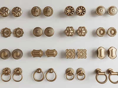 Various Gold Decorative Cabinet Handles And Drawer Pulls In Different Styles 3d model