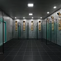 Modern Fitness Locker Room With Black Lockers Wooden Benches Blue Accents And Gray Flooring