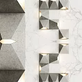 Modern Geometric Wall Sconces Mounted On Marble And Concrete Wall Surface With Soft Lighting