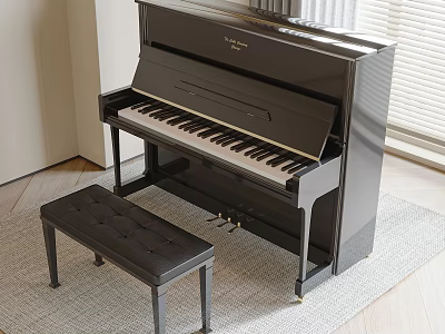 Black Upright Piano With Leather Bench In Bright Living Room On Soft Carpet 3d model