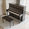 Black Upright Piano With Leather Bench In Bright Living Room On Soft Carpet
